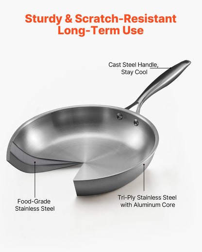 VEVOR Tri-Ply Stainless Steel Frying Pan, 3 Pcs Set (8, 10, 12 in), Cooking Skillet with Heat-Resistant Handle, Chef's Kitchen Cookware, Oven, Gas, Electric, Induction, Dishwasher Compatible, Silver - BXGCGSJTBXG8CNBK6001V0 - view 4