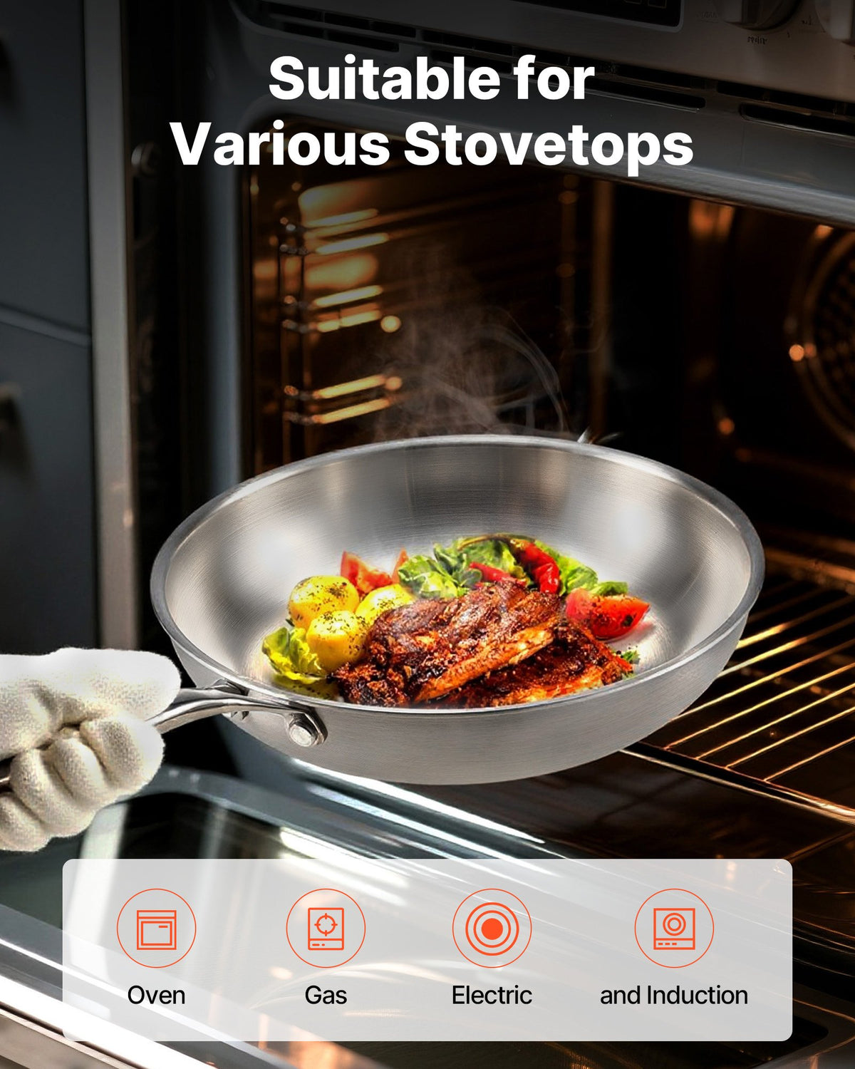 VEVOR Tri-Ply Stainless Steel Frying Pan, 3 Pcs Set (8, 10, 12 in), Cooking Skillet with Heat-Resistant Handle, Chef's Kitchen Cookware, Oven, Gas, Electric, Induction, Dishwasher Compatible, Silver - BXGCGSJTBXG8CNBK6001V0 - view 7