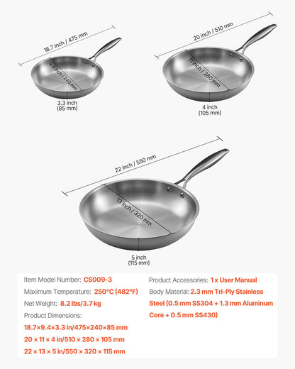 VEVOR Tri-Ply Stainless Steel Frying Pan, 3 Pcs Set (8, 10, 12 in), Cooking Skillet with Heat-Resistant Handle, Chef's Kitchen Cookware, Oven, Gas, Electric, Induction, Dishwasher Compatible, Silver - BXGCGSJTBXG8CNBK6001V0 - view 8