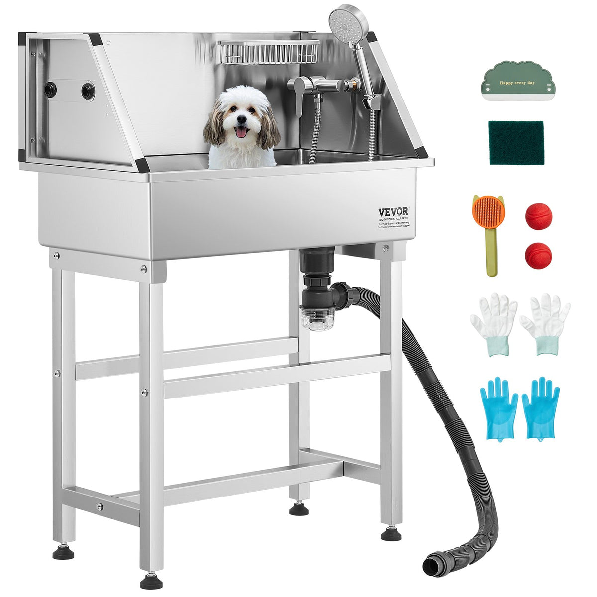 VEVOR 34 Inch Stainless Steel Dog Washing Station, Pet Grooming Tub with Hot & Cold Faucet, Showerhead, Storage Rack, No-Bend All-in-One Bathtub, Home Wash Sink, Fits Small Cats and Dogs - BXGCWYG34CJY8SX20V0 - view 1