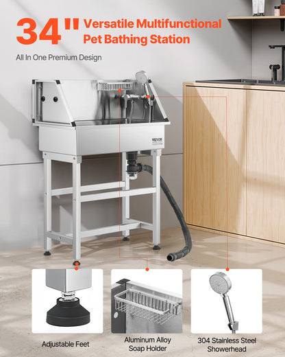 VEVOR 34 Inch Stainless Steel Dog Washing Station, Pet Grooming Tub with Hot & Cold Faucet, Showerhead, Storage Rack, No-Bend All-in-One Bathtub, Home Wash Sink, Fits Small Cats and Dogs - BXGCWYG34CJY8SX20V0 - view 3