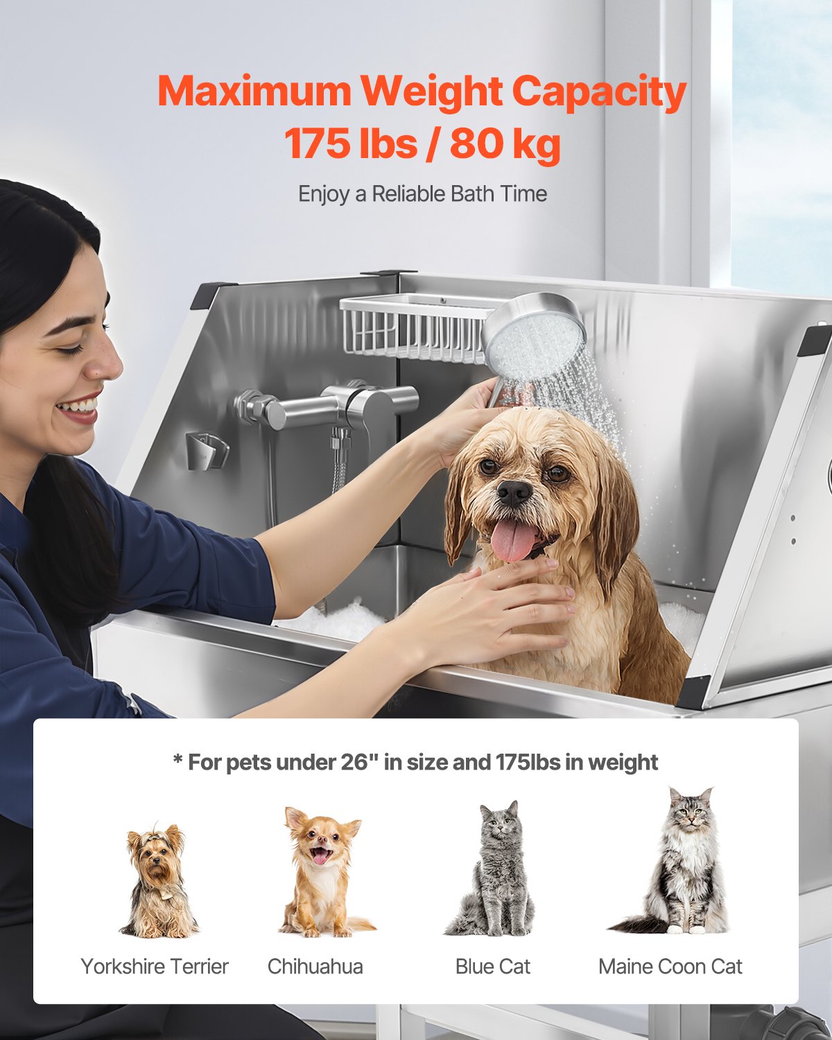 VEVOR 34 Inch Stainless Steel Dog Washing Station, Pet Grooming Tub with Hot & Cold Faucet, Showerhead, Storage Rack, No-Bend All-in-One Bathtub, Home Wash Sink, Fits Small Cats and Dogs - BXGCWYG34CJY8SX20V0 - view 5