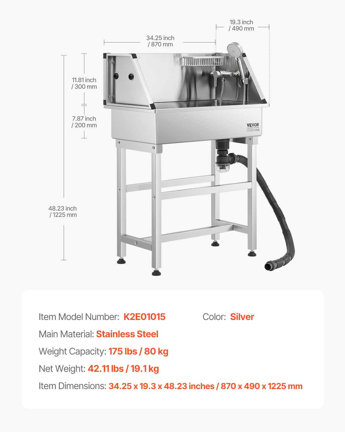VEVOR 34 Inch Stainless Steel Dog Washing Station, Pet Grooming Tub with Hot & Cold Faucet, Showerhead, Storage Rack, No-Bend All-in-One Bathtub, Home Wash Sink, Fits Small Cats and Dogs - BXGCWYG34CJY8SX20V0 - view 8