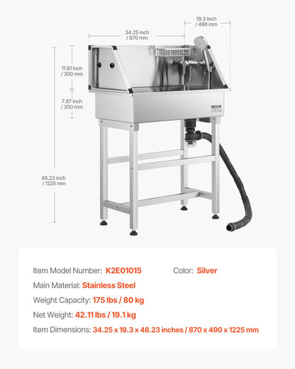 VEVOR 34 Inch Stainless Steel Dog Washing Station, Pet Grooming Tub with Hot & Cold Faucet, Showerhead, Storage Rack, No-Bend All-in-One Bathtub, Home Wash Sink, Fits Small Cats and Dogs - BXGCWYG34CJY8SX20V0 - view 8