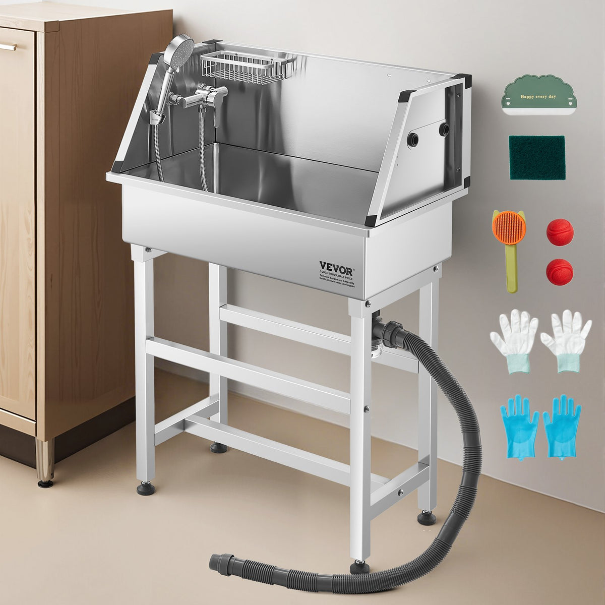VEVOR 34 Inch Stainless Steel Dog Washing Station, Pet Grooming Tub with Hot & Cold Faucet, Showerhead, Storage Rack, No-Bend All-in-One Bathtub, Home Wash Sink, Fits Small Cats and Dogs - BXGCWYG34CJY8SX20V0 - view 9
