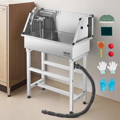 VEVOR 34 Inch Stainless Steel Dog Washing Station, Pet Grooming Tub with Hot & Cold Faucet, Showerhead, Storage Rack, No-Bend All-in-One Bathtub, Home Wash Sink, Fits Small Cats and Dogs - BXGCWYG34CJY8SX20V0 - view 9