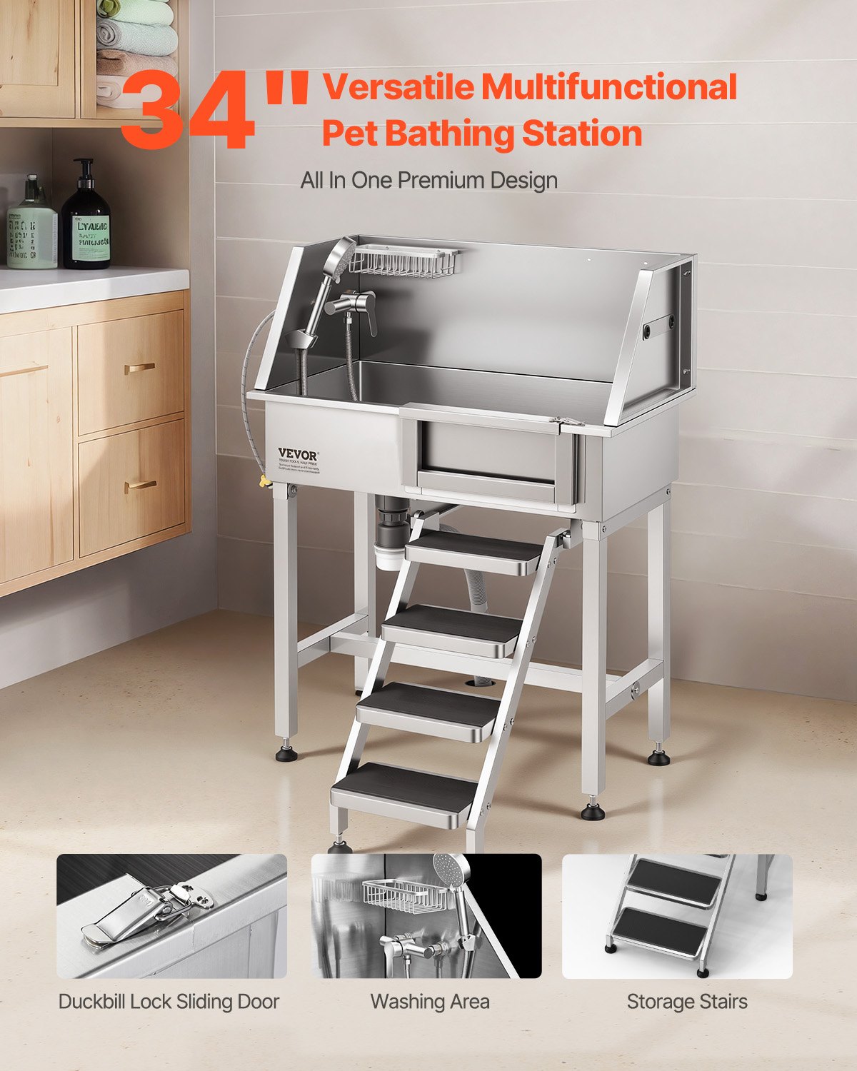 VEVOR 34" Dog Washing Station, Stainless Steel Pet Grooming Tub Bathtub, Professional Dog Wash Sink with Shower, Faucet, Soap Holder, Non-Slip Stairs Easy-Clean Design for Small Pets Cats (Right Door) - BXGCWYG34CZJFJ0C0002V0 - view 3