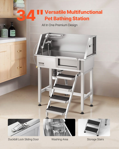 VEVOR 34" Dog Washing Station, Stainless Steel Pet Grooming Tub Bathtub, Professional Dog Wash Sink with Shower, Faucet, Soap Holder, Non-Slip Stairs Easy-Clean Design for Small Pets Cats (Right Door) - BXGCWYG34CZJFJ0C0002V0 - view 3