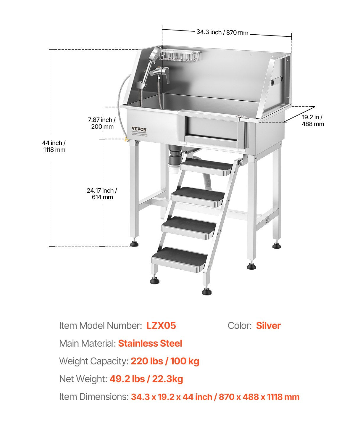 VEVOR 34" Dog Washing Station, Stainless Steel Pet Grooming Tub Bathtub, Professional Dog Wash Sink with Shower, Faucet, Soap Holder, Non-Slip Stairs Easy-Clean Design for Small Pets Cats (Right Door) - BXGCWYG34CZJFJ0C0002V0 - view 8