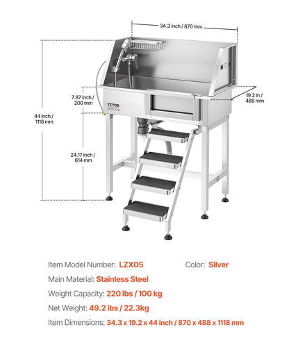 VEVOR 34" Dog Washing Station, Stainless Steel Pet Grooming Tub Bathtub, Professional Dog Wash Sink with Shower, Faucet, Soap Holder, Non-Slip Stairs Easy-Clean Design for Small Pets Cats (Right Door) - BXGCWYG34CZJFJ0C0002V0 - view 8