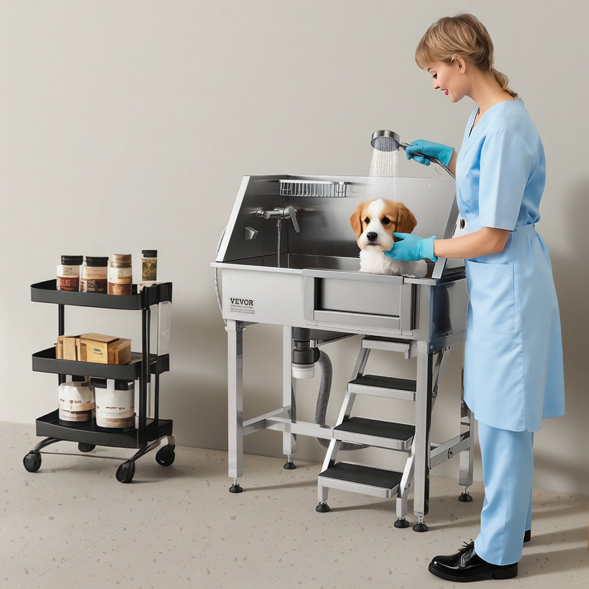 VEVOR 34" Dog Washing Station, Stainless Steel Pet Grooming Tub Bathtub, Professional Dog Wash Sink with Shower, Faucet, Soap Holder, Non-Slip Stairs Easy-Clean Design for Small Pets Cats (Right Door) - BXGCWYG34CZJFJ0C0002V0 - view 9