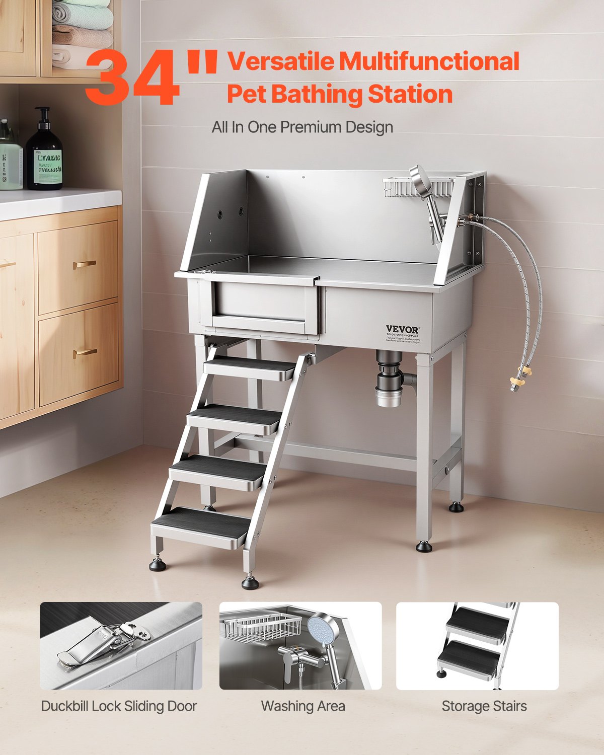 VEVOR 34" Dog Washing Station, Stainless Steel Pet Grooming Tub Bathtub, Professional Dog Wash Sink with Shower, Faucet, Soap Holder, Non-Slip Stairs Easy-Clean Design for Small Pets Cats (Left Door) - BXGCWYG34CZJQTV6N002V0 - view 3