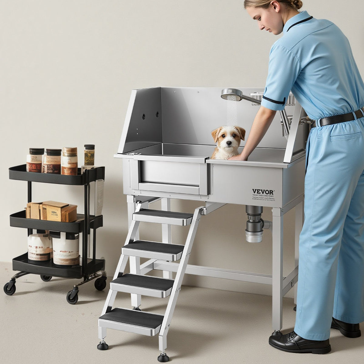 VEVOR 34" Dog Washing Station, Stainless Steel Pet Grooming Tub Bathtub, Professional Dog Wash Sink with Shower, Faucet, Soap Holder, Non-Slip Stairs Easy-Clean Design for Small Pets Cats (Left Door) - BXGCWYG34CZJQTV6N002V0 - view 9