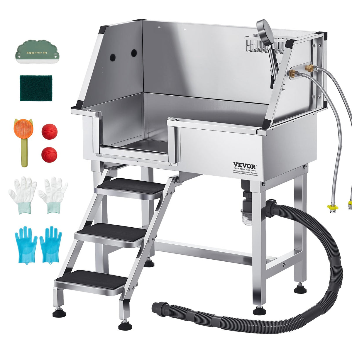 VEVOR 34 Inch Stainless Steel Dog Washing Station, Pet Grooming Tub with Hot & Cold Faucet, Showerhead, Home Wash Sink, Fits Small Cats and Dogs, Non-Slip Stairs (Left Door) - BXGCWYG34CZJQTV6NV0 - view 1