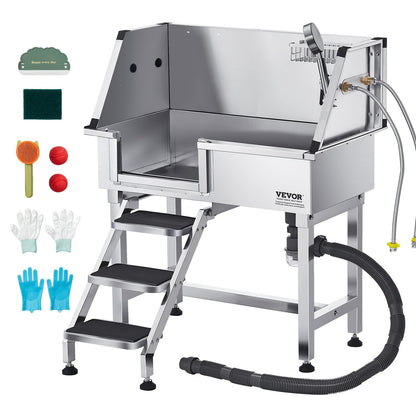 VEVOR 34 Inch Stainless Steel Dog Washing Station, Pet Grooming Tub with Hot & Cold Faucet, Showerhead, Home Wash Sink, Fits Small Cats and Dogs, Non-Slip Stairs (Left Door) - BXGCWYG34CZJQTV6NV0 - view 1