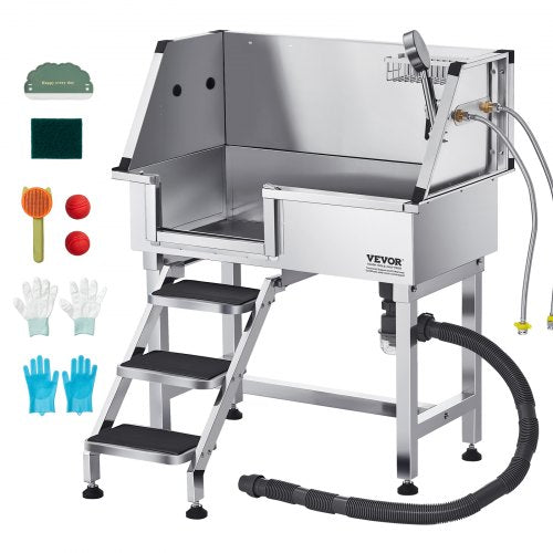 VEVOR 34 Inch Stainless Steel Dog Washing Station, Pet Grooming Tub with Hot & Cold Faucet, Showerhead, Home Wash Sink, Fits Small Cats and Dogs, Non-Slip Stairs (Left Door) - BXGCWYG34CZJQTV6NV0 - view 2