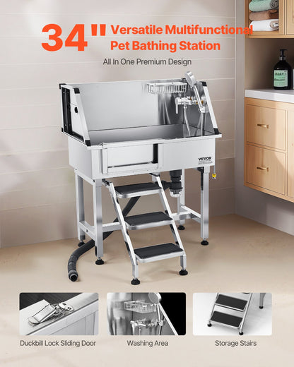 VEVOR 34 Inch Stainless Steel Dog Washing Station, Pet Grooming Tub with Hot & Cold Faucet, Showerhead, Home Wash Sink, Fits Small Cats and Dogs, Non-Slip Stairs (Left Door) - BXGCWYG34CZJQTV6NV0 - view 3