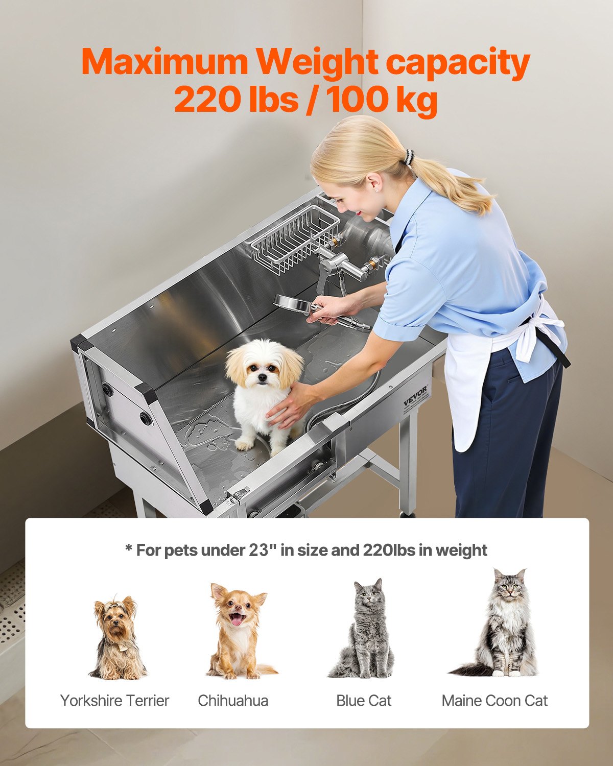 VEVOR 34 Inch Stainless Steel Dog Washing Station, Pet Grooming Tub with Hot & Cold Faucet, Showerhead, Home Wash Sink, Fits Small Cats and Dogs, Non-Slip Stairs (Left Door) - BXGCWYG34CZJQTV6NV0 - view 5