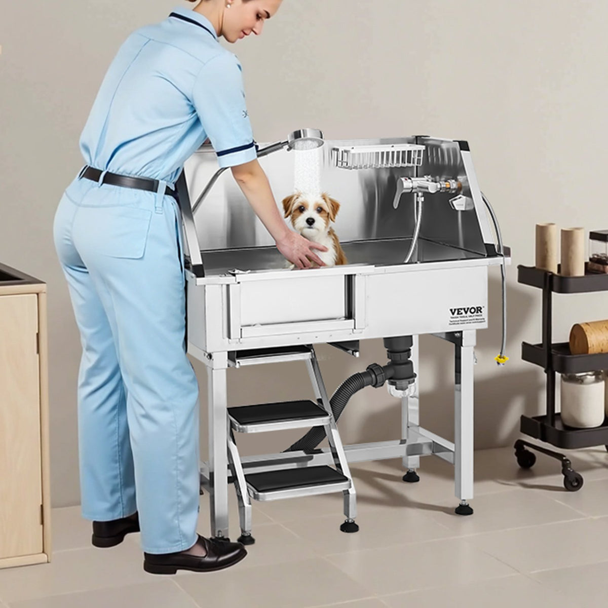 VEVOR 34 Inch Stainless Steel Dog Washing Station, Pet Grooming Tub with Hot & Cold Faucet, Showerhead, Home Wash Sink, Fits Small Cats and Dogs, Non-Slip Stairs (Left Door) - BXGCWYG34CZJQTV6NV0 - view 9