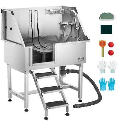 VEVOR 38 Inch Stainless Steel Dog Washing Station, Pet Grooming Tub with Hot & Cold Faucet, Showerhead, Home Wash Sink, Fits Small and Medium Cats and Dogs, Non-Slip Stairs (Left Door) - BXGCWYG38CZJ4VWJJV0 - view 2