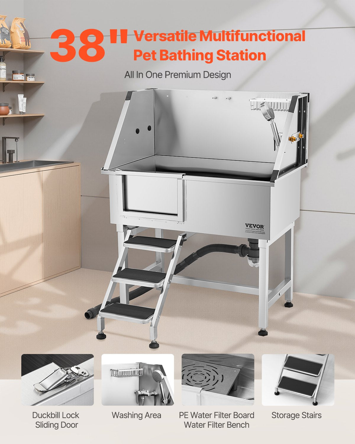 VEVOR 38 Inch Stainless Steel Dog Washing Station, Pet Grooming Tub with Hot & Cold Faucet, Showerhead, Home Wash Sink, Fits Small and Medium Cats and Dogs, Non-Slip Stairs (Left Door) - BXGCWYG38CZJ4VWJJV0 - view 3