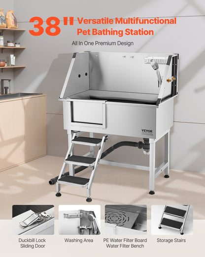 VEVOR 38 Inch Stainless Steel Dog Washing Station, Pet Grooming Tub with Hot & Cold Faucet, Showerhead, Home Wash Sink, Fits Small and Medium Cats and Dogs, Non-Slip Stairs (Left Door) - BXGCWYG38CZJ4VWJJV0 - view 3