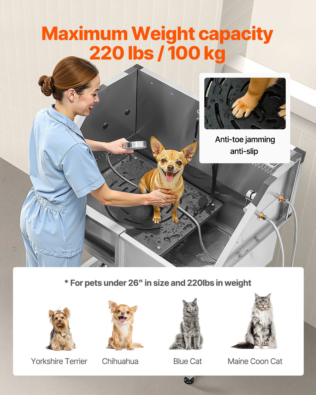 VEVOR 38 Inch Stainless Steel Dog Washing Station, Pet Grooming Tub with Hot & Cold Faucet, Showerhead, Home Wash Sink, Fits Small and Medium Cats and Dogs, Non-Slip Stairs (Left Door) - BXGCWYG38CZJ4VWJJV0 - view 5