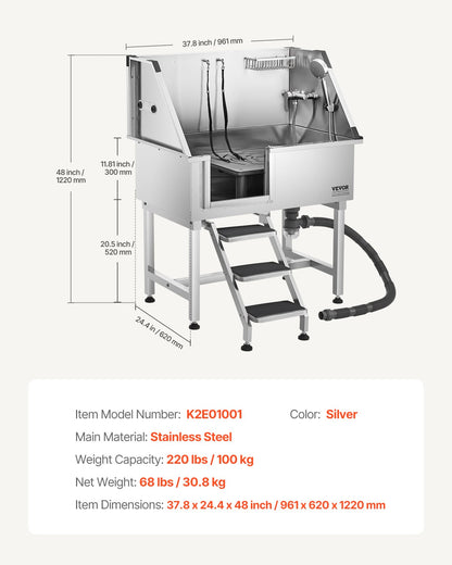 VEVOR 38 Inch Stainless Steel Dog Washing Station, Pet Grooming Tub with Hot & Cold Faucet, Showerhead, Home Wash Sink, Fits Small and Medium Cats and Dogs, Non-Slip Stairs (Left Door) - BXGCWYG38CZJ4VWJJV0 - view 8