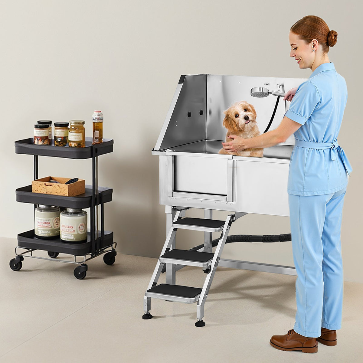 VEVOR 38 Inch Stainless Steel Dog Washing Station, Pet Grooming Tub with Hot & Cold Faucet, Showerhead, Home Wash Sink, Fits Small and Medium Cats and Dogs, Non-Slip Stairs (Left Door) - BXGCWYG38CZJ4VWJJV0 - view 9