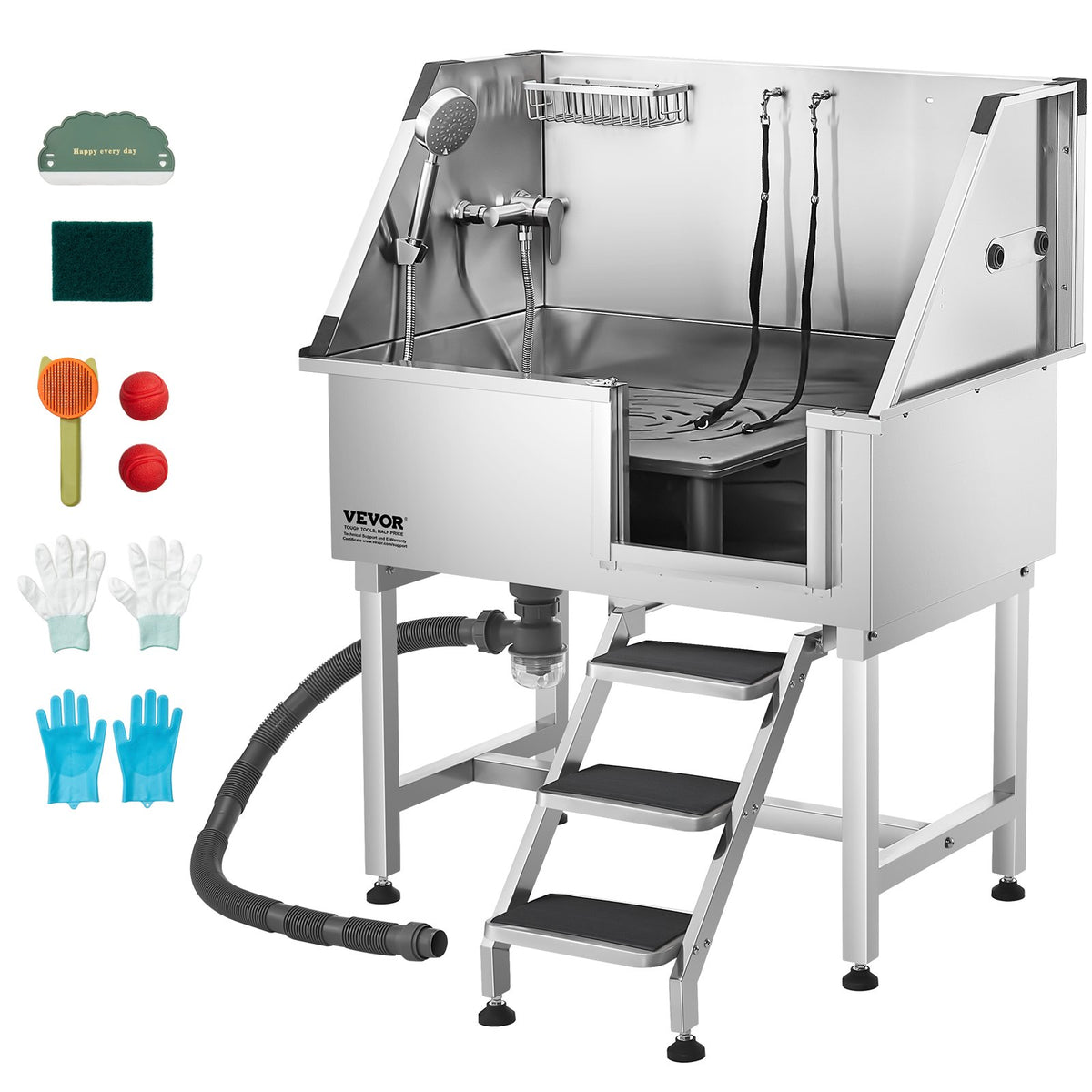 VEVOR 38 Inch Stainless Steel Dog Washing Station, Pet Grooming Tub with Hot & Cold Faucet, Showerhead, Home Wash Sink, Fits Small and Medium Cats and Dogs, Non-Slip Stairs (Right Door) - BXGCWYG38CZJBI6YSV0 - view 1