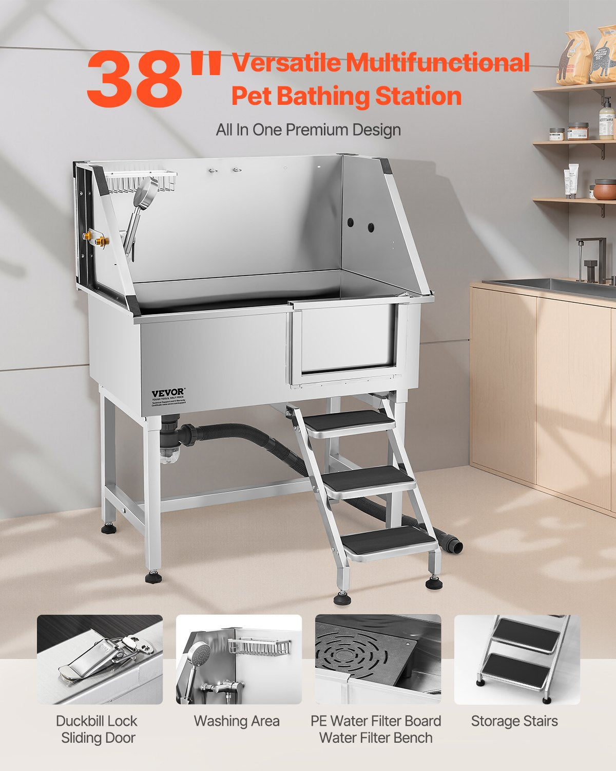 VEVOR 38 Inch Stainless Steel Dog Washing Station, Pet Grooming Tub with Hot & Cold Faucet, Showerhead, Home Wash Sink, Fits Small and Medium Cats and Dogs, Non-Slip Stairs (Right Door) - BXGCWYG38CZJBI6YSV0 - view 3