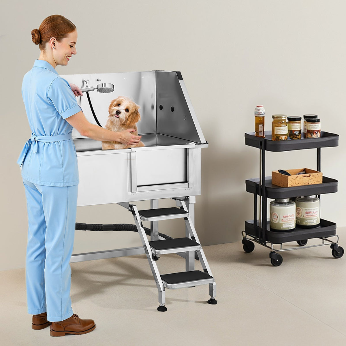 VEVOR 38 Inch Stainless Steel Dog Washing Station, Pet Grooming Tub with Hot & Cold Faucet, Showerhead, Home Wash Sink, Fits Small and Medium Cats and Dogs, Non-Slip Stairs (Right Door) - BXGCWYG38CZJBI6YSV0 - view 9