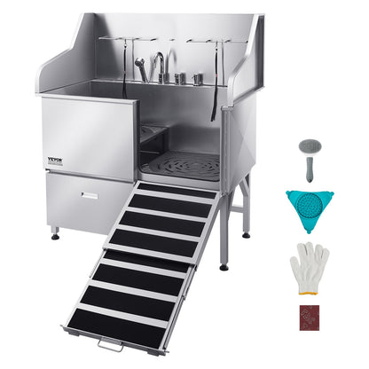 VEVOR 304 Stainless Steel Dog Washing Station, 50 Inch Pet Grooming Tub with Non-Slip Low-Slope Ramp, Storage Drawer, Hot & Cold Faucet, All-in-One Bath for Grooming Shop, Fits All Sizes (Right Door) - BXGCWYG50CPDFXBZMV0 - view 1
