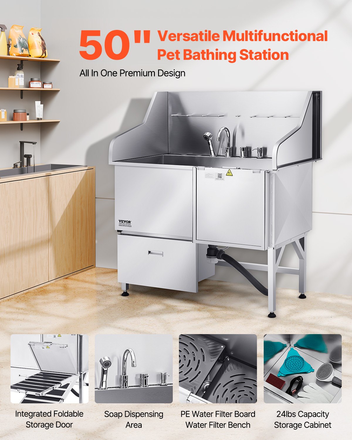 VEVOR 304 Stainless Steel Dog Washing Station, 50 Inch Pet Grooming Tub with Non-Slip Low-Slope Ramp, Storage Drawer, Hot & Cold Faucet, All-in-One Bath for Grooming Shop, Fits All Sizes (Right Door) - BXGCWYG50CPDFXBZMV0 - view 3