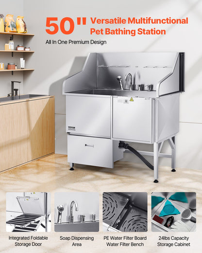 VEVOR 304 Stainless Steel Dog Washing Station, 50 Inch Pet Grooming Tub with Non-Slip Low-Slope Ramp, Storage Drawer, Hot & Cold Faucet, All-in-One Bath for Grooming Shop, Fits All Sizes (Right Door) - BXGCWYG50CPDFXBZMV0 - view 3