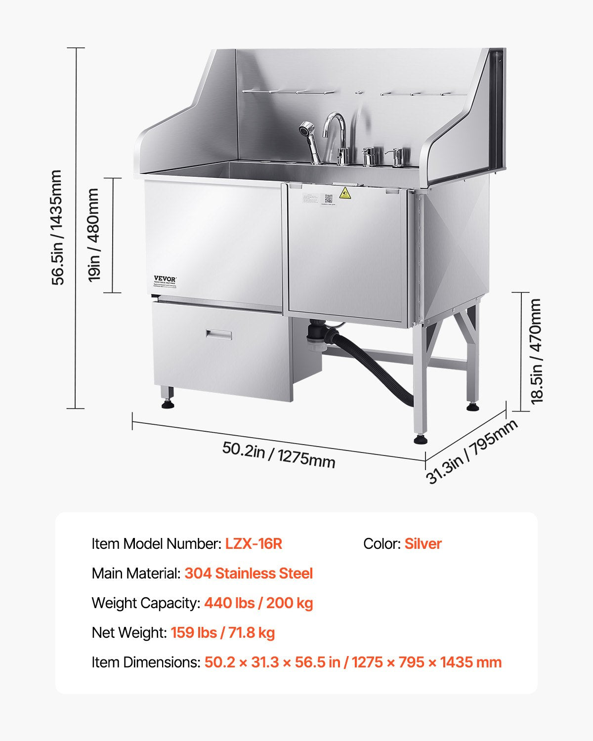 VEVOR 304 Stainless Steel Dog Washing Station, 50 Inch Pet Grooming Tub with Non-Slip Low-Slope Ramp, Storage Drawer, Hot & Cold Faucet, All-in-One Bath for Grooming Shop, Fits All Sizes (Right Door) - BXGCWYG50CPDFXBZMV0 - view 8
