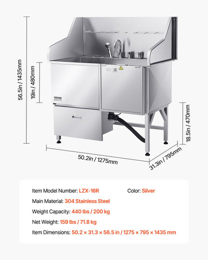 VEVOR 304 Stainless Steel Dog Washing Station, 50 Inch Pet Grooming Tub with Non-Slip Low-Slope Ramp, Storage Drawer, Hot & Cold Faucet, All-in-One Bath for Grooming Shop, Fits All Sizes (Right Door) - BXGCWYG50CPDFXBZMV0 - view 8