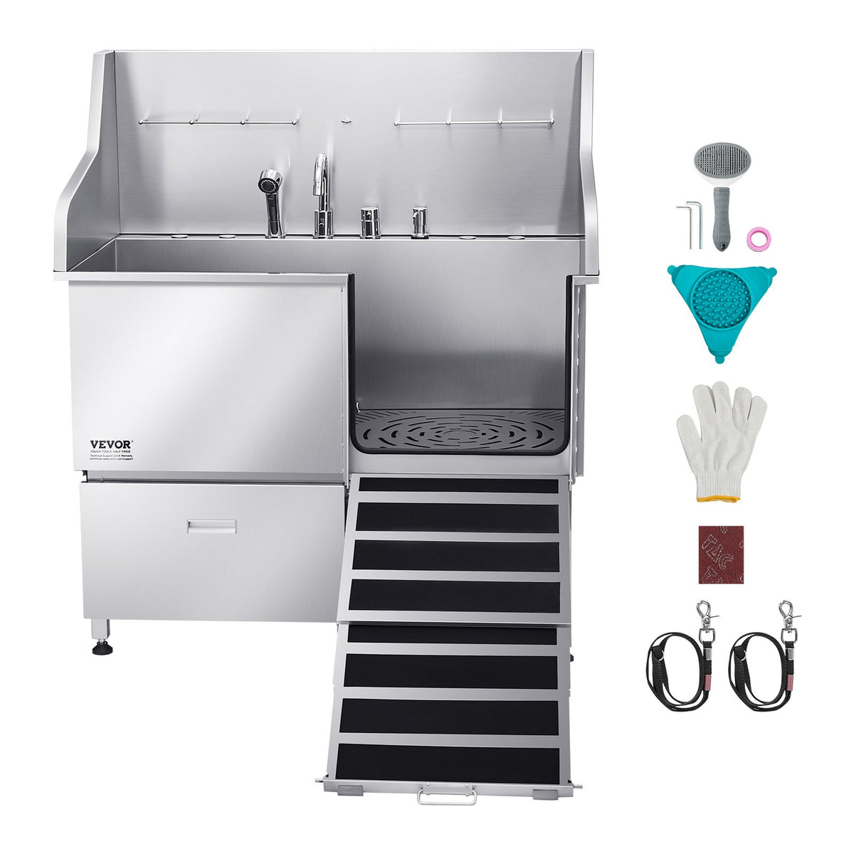VEVOR 304 Stainless Steel Dog Washing Station, 50 Inch Pet Grooming Tub with Non-Slip Low-Slope Ramp, Storage Drawer, Hot & Cold Faucet, All-in-One Bath for Grooming Shop, Fits All Sizes (Right Door) - BXGCWYG50CPDFXBZMV0 - view 10