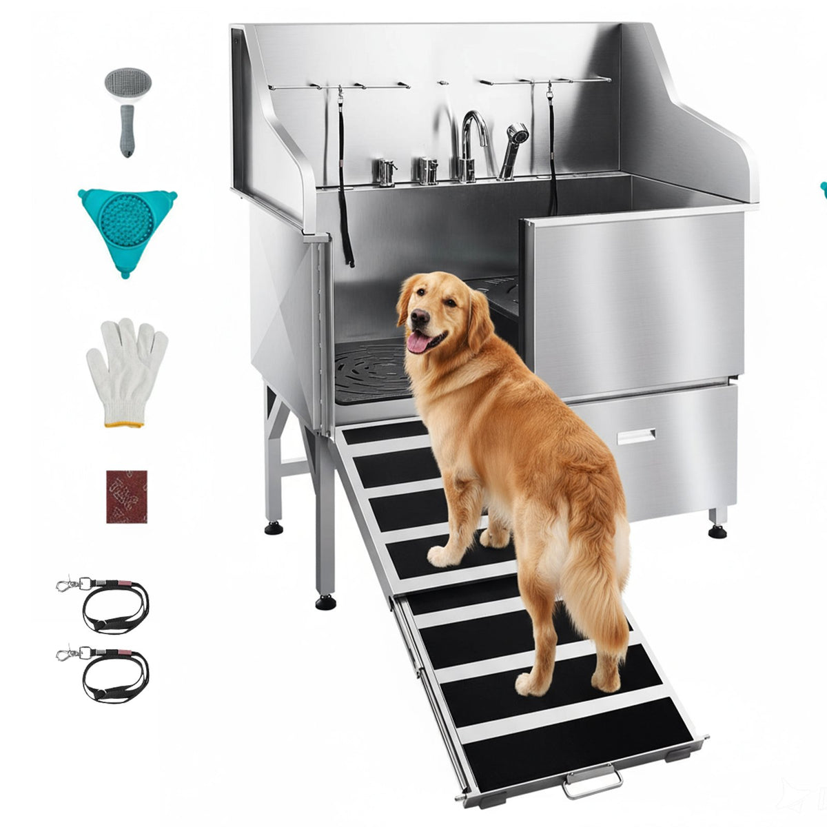 VEVOR Stainless Steel Dog Washing Station, 50 inch Pet Grooming Tub w/ Ramp, Faucet & Showerhead & Soap Holder Leash Dog Bathtub for Large & Medium & Small Pets (Left Door) - BXGCWYG50CPDU6PVUV0 - view 1