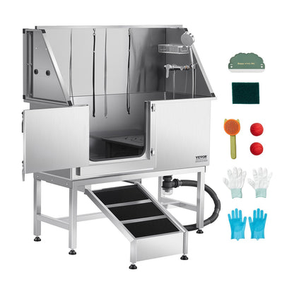 VEVOR Stainless Steel Dog Washing Station, 50 inch Pet Grooming Tub w/ Ramp, PE Water Filter Board, Faucet & Showerhead & Soap Holder Dog Bathtub for Large & Medium & Small Pets (Left Door) - BXGCWYG50CSL49AC3V0 - view 1