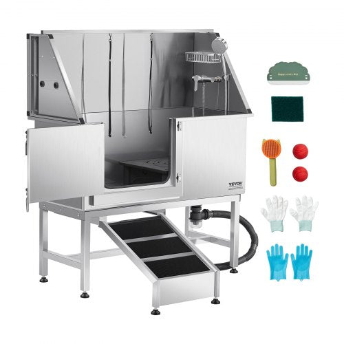 VEVOR Stainless Steel Dog Washing Station, 50 inch Pet Grooming Tub w/ Ramp, PE Water Filter Board, Faucet & Showerhead & Soap Holder Dog Bathtub for Large & Medium & Small Pets (Left Door) - BXGCWYG50CSL49AC3V0 - view 2