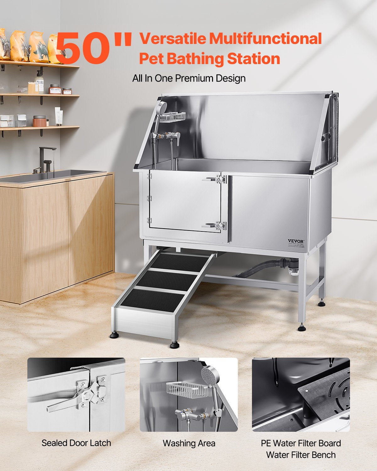 VEVOR Stainless Steel Dog Washing Station, 50 inch Pet Grooming Tub w/ Ramp, PE Water Filter Board, Faucet & Showerhead & Soap Holder Dog Bathtub for Large & Medium & Small Pets (Left Door) - BXGCWYG50CSL49AC3V0 - view 3