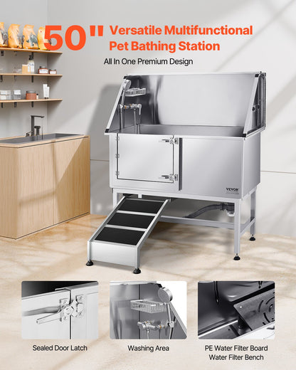 VEVOR Stainless Steel Dog Washing Station, 50 inch Pet Grooming Tub w/ Ramp, PE Water Filter Board, Faucet & Showerhead & Soap Holder Dog Bathtub for Large & Medium & Small Pets (Left Door) - BXGCWYG50CSL49AC3V0 - view 3
