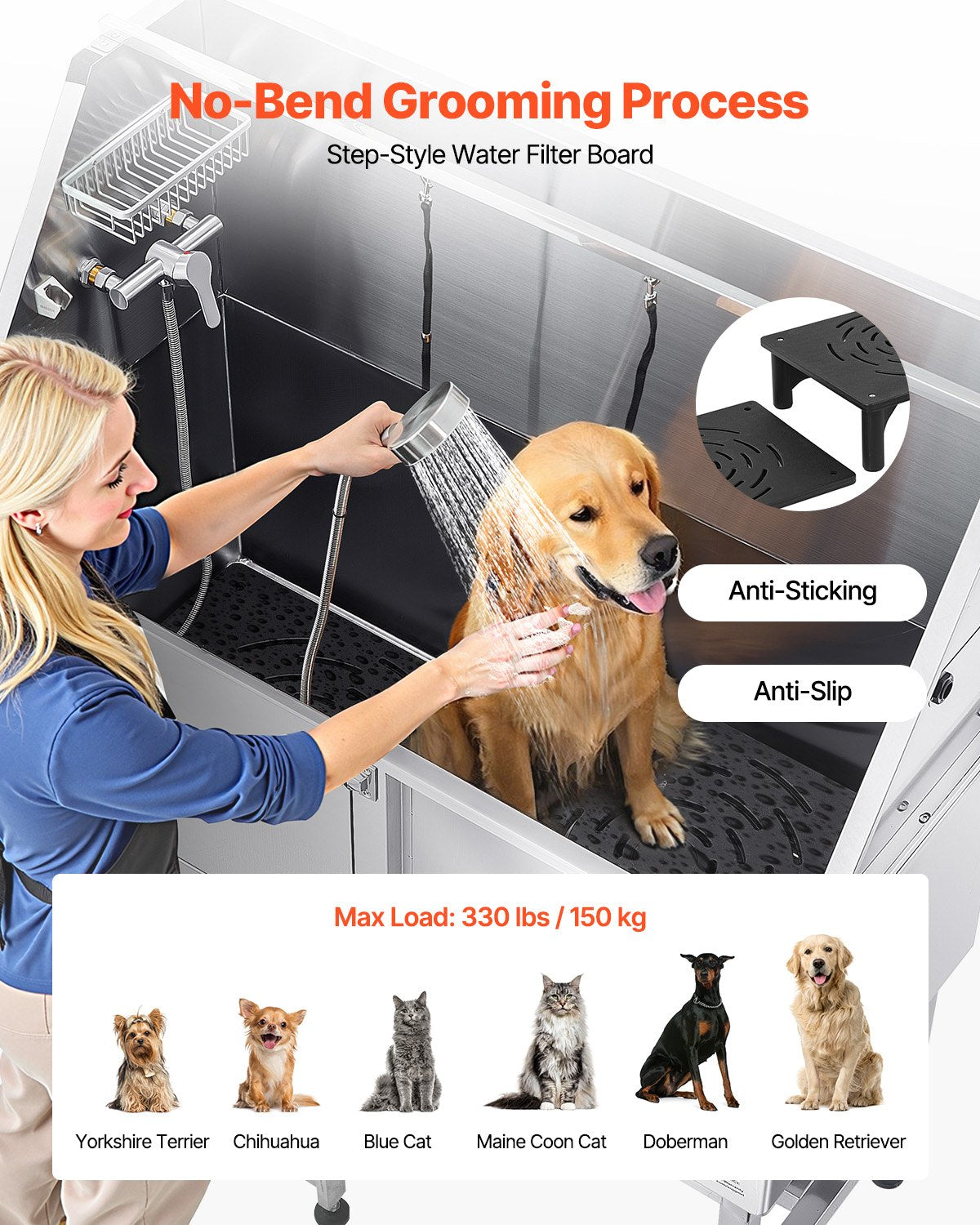 VEVOR Stainless Steel Dog Washing Station, 50 inch Pet Grooming Tub w/ Ramp, PE Water Filter Board, Faucet & Showerhead & Soap Holder Dog Bathtub for Large & Medium & Small Pets (Left Door) - BXGCWYG50CSL49AC3V0 - view 5