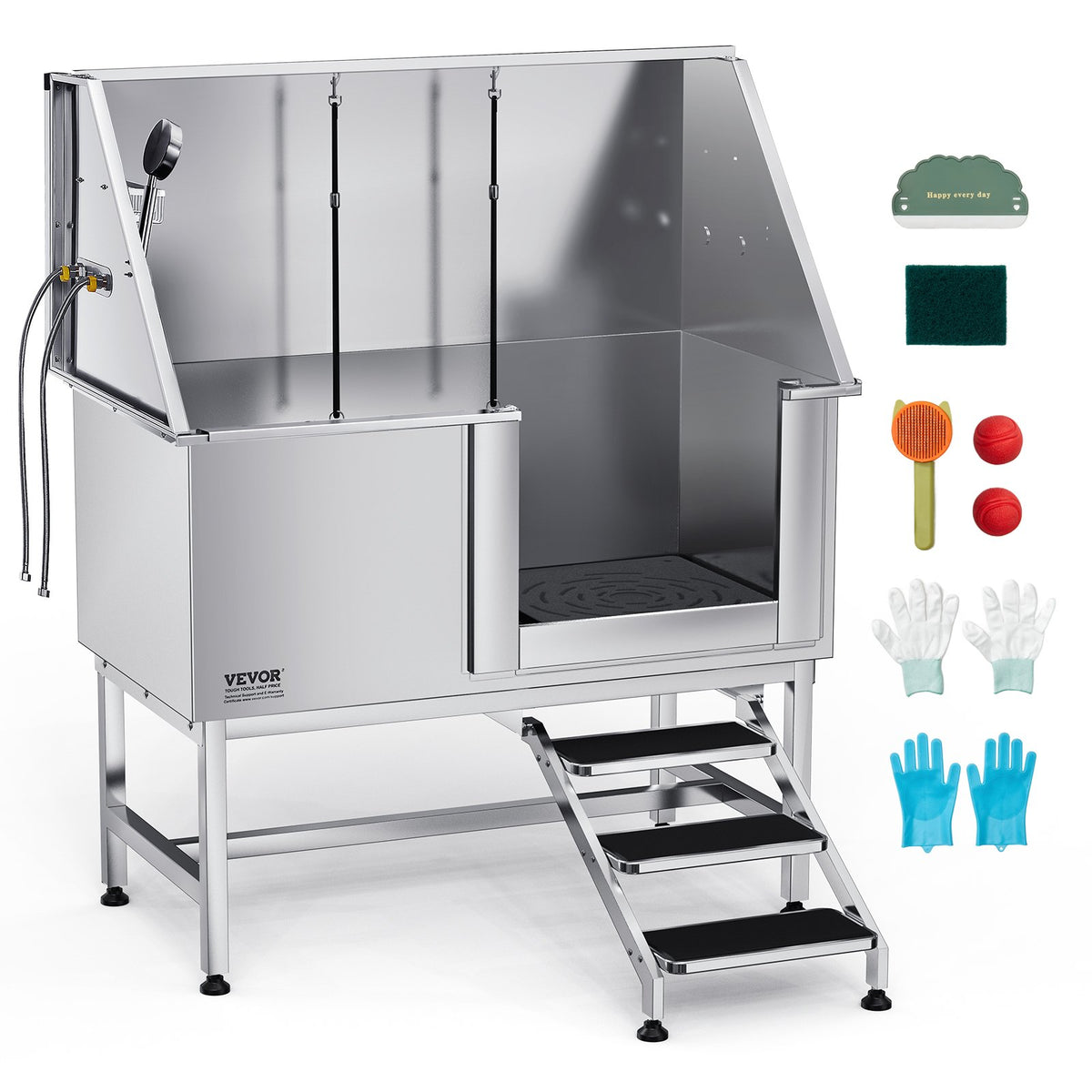 VEVOR Stainless Steel Dog Washing Station 50 Inch Pet Grooming Tub with Low-Slope Non-Slip Stairs, Hot & Cold Faucet, Showerhead, Home Wash Sink, Fits Medium and Large Pets (Right Door) - BXGCWYG50CSL5T18XV0 - view 1