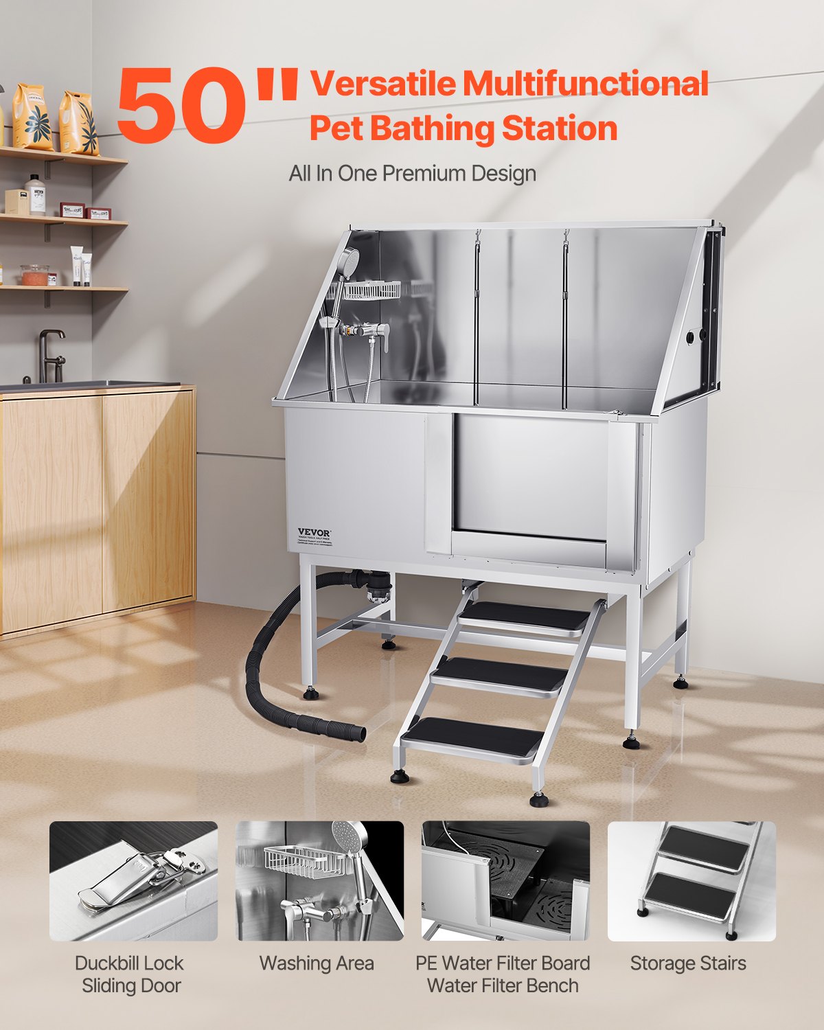 VEVOR Stainless Steel Dog Washing Station 50 Inch Pet Grooming Tub with Low-Slope Non-Slip Stairs, Hot & Cold Faucet, Showerhead, Home Wash Sink, Fits Medium and Large Pets (Right Door) - BXGCWYG50CSL5T18XV0 - view 3