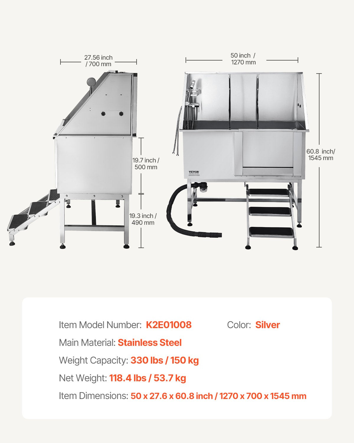 VEVOR Stainless Steel Dog Washing Station 50 Inch Pet Grooming Tub with Low-Slope Non-Slip Stairs, Hot & Cold Faucet, Showerhead, Home Wash Sink, Fits Medium and Large Pets (Right Door) - BXGCWYG50CSL5T18XV0 - view 8
