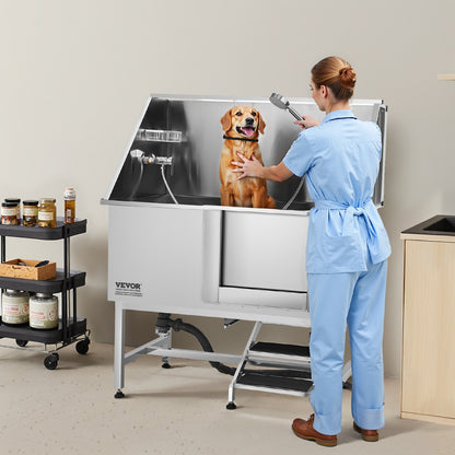 VEVOR Stainless Steel Dog Washing Station 50 Inch Pet Grooming Tub with Low-Slope Non-Slip Stairs, Hot & Cold Faucet, Showerhead, Home Wash Sink, Fits Medium and Large Pets (Right Door) - BXGCWYG50CSL5T18XV0 - view 9