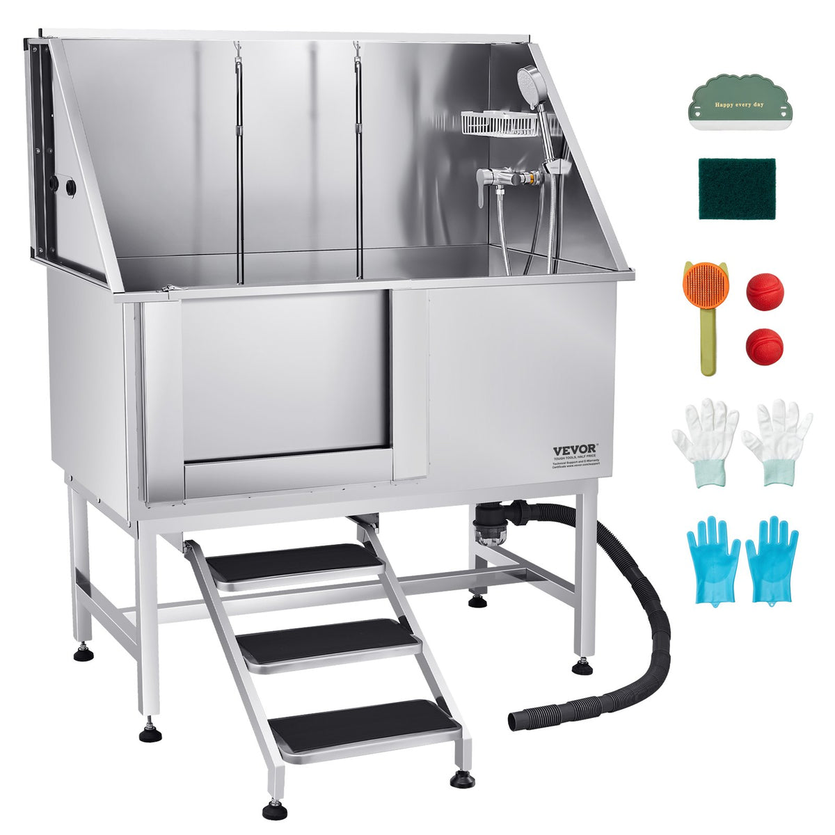 VEVOR Stainless Steel Dog Washing Station, 50 inch Pet Grooming Tub w/ Stairs, PE Water Filter Board, Faucet & Showerhead & Soap Holder Dog Bathtub for Large & Medium & Small Pets (Left Door) - BXGCWYG50CSLNZPKYV0 - view 1