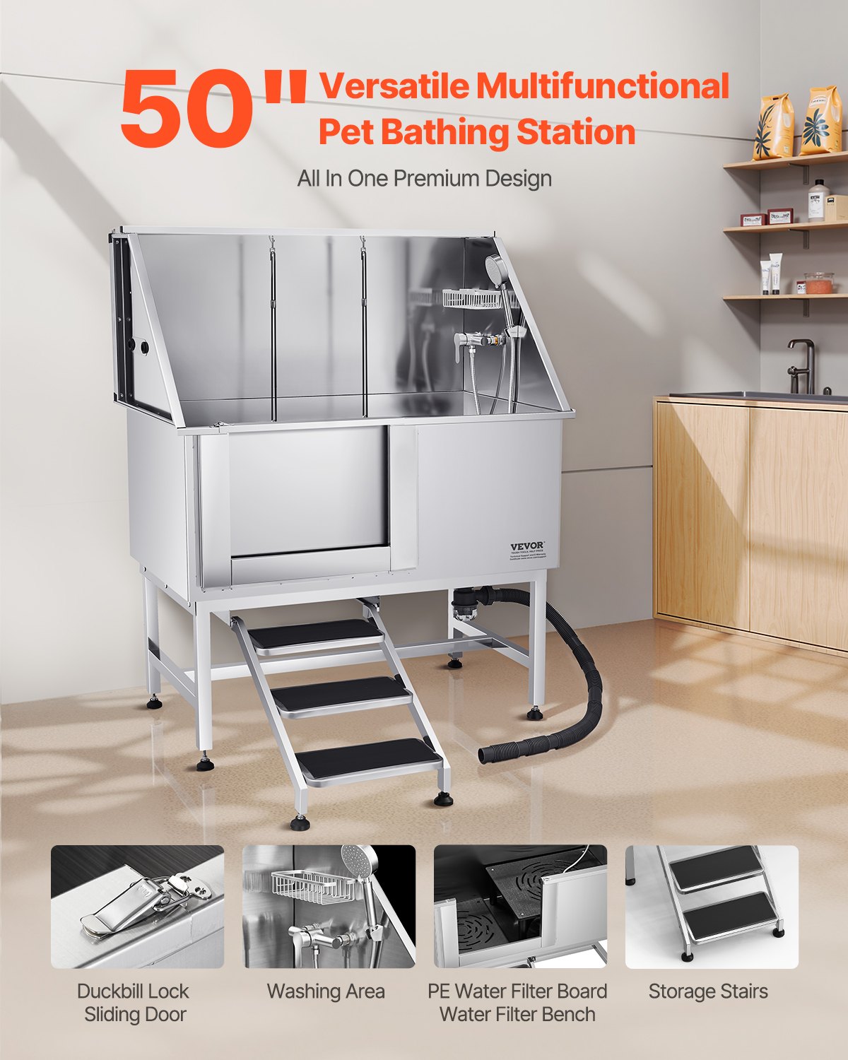 VEVOR Stainless Steel Dog Washing Station, 50 inch Pet Grooming Tub w/ Stairs, PE Water Filter Board, Faucet & Showerhead & Soap Holder Dog Bathtub for Large & Medium & Small Pets (Left Door) - BXGCWYG50CSLNZPKYV0 - view 3